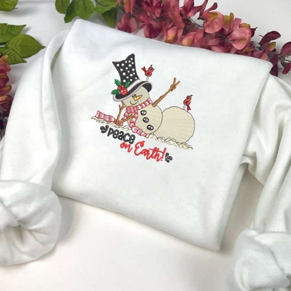 Peace On Earth Machine Embroidery Sweatshirt, Snowman Embroidery Sweatshirt For Family