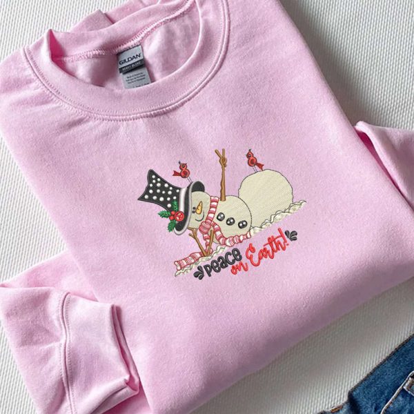 Peace On Earth Machine Embroidery Sweatshirt, Snowman Embroidery Sweatshirt For Family