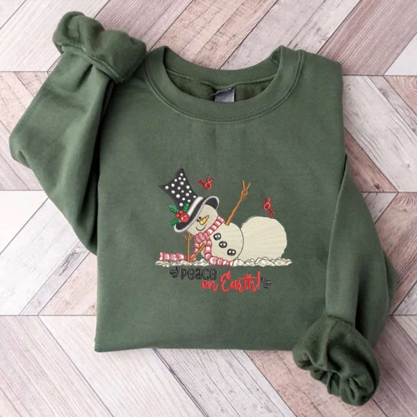 Peace On Earth Machine Embroidery Sweatshirt, Snowman Embroidery Sweatshirt For Family