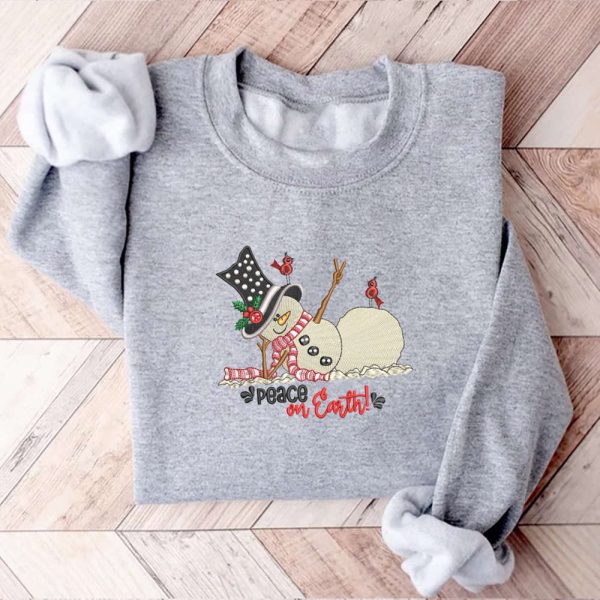 Peace On Earth Machine Embroidery Sweatshirt, Snowman Embroidery Sweatshirt For Family