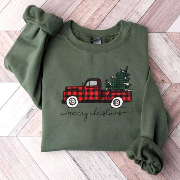 Merry Christmas Truck Embroidery Sweatshirt, Xmas Truck With Tree Dst Sweatshirt For Family