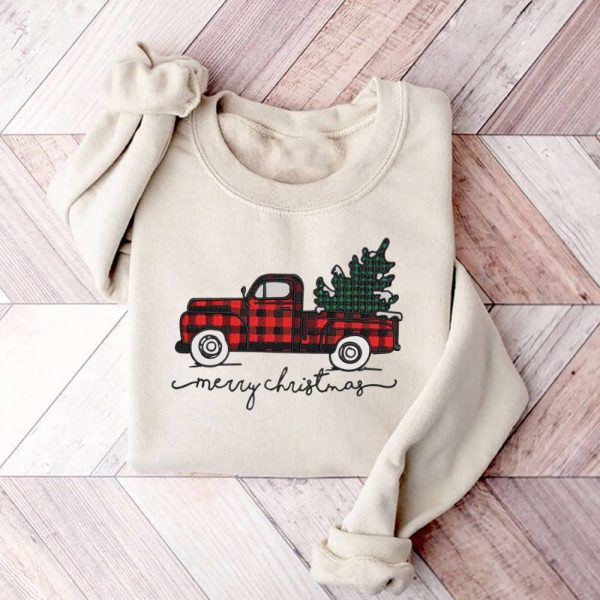 Merry Christmas Truck Embroidery Sweatshirt, Xmas Truck With Tree Dst Sweatshirt For Family