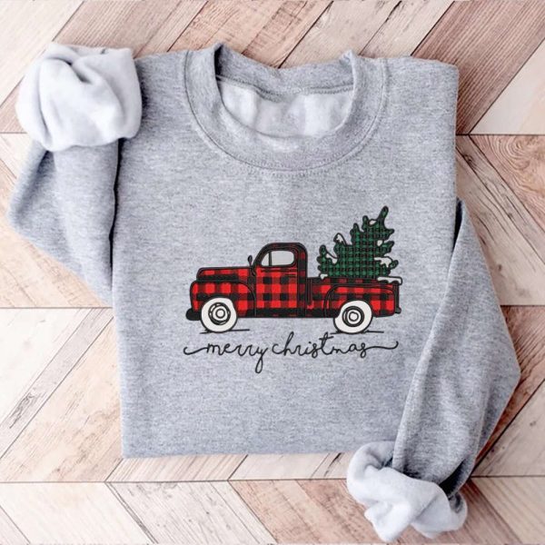 Merry Christmas Truck Embroidery Sweatshirt, Xmas Truck With Tree Dst Sweatshirt For Family