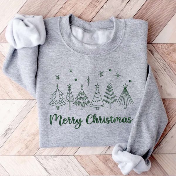 Merry Christmas Tree Machine Embroidery Sweatshirt, Best Gift For Christmas