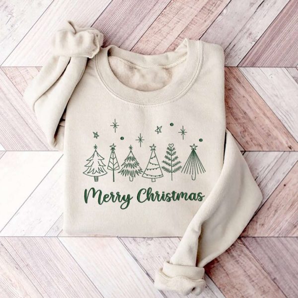 Merry Christmas Tree Machine Embroidery Sweatshirt, Best Gift For Christmas