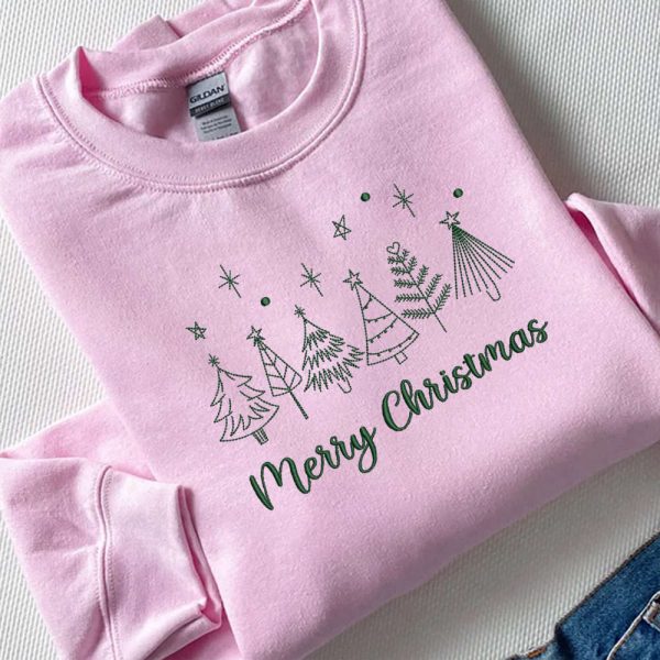 Merry Christmas Tree Machine Embroidery Sweatshirt, Best Gift For Christmas