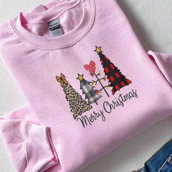 Merry Christmas Tree Embroidery Sweatshirt, Buffalo Plaid Cheetah Tree Sweatshirt For Family