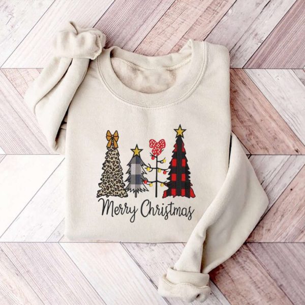 Merry Christmas Tree Embroidery Sweatshirt, Buffalo Plaid Cheetah Tree Sweatshirt For Family