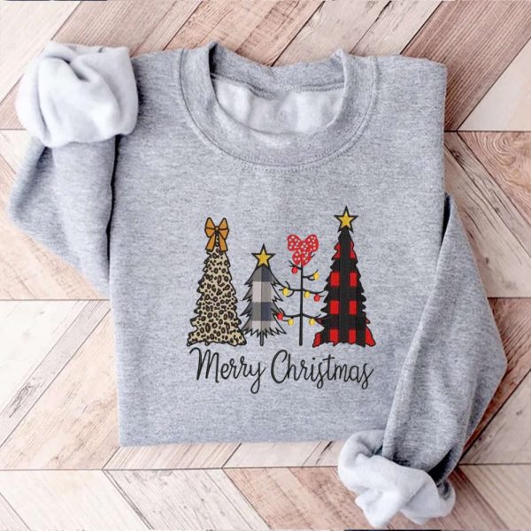 Merry Christmas Tree Embroidery Sweatshirt, Buffalo Plaid Cheetah Tree Sweatshirt For Family