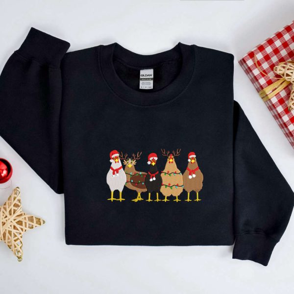 Embroidered Christmas Chickens Sweatshirt, Christmas Embroidery Sweatshirt For Family