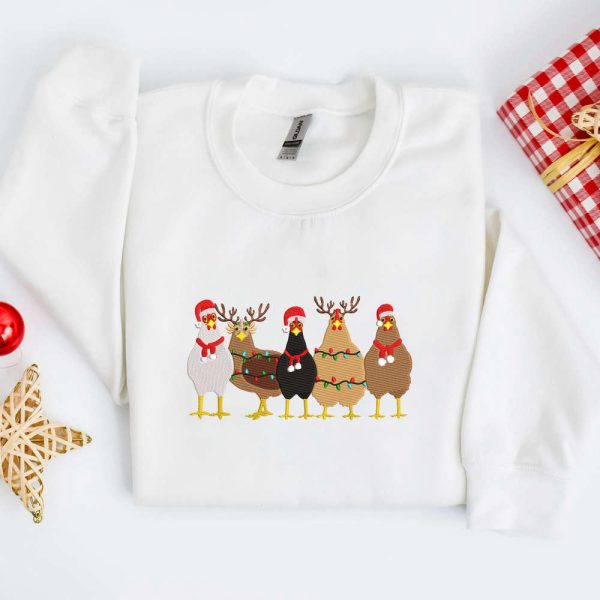 Embroidered Christmas Chickens Sweatshirt, Christmas Embroidery Sweatshirt For Family