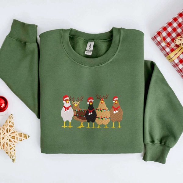 Embroidered Christmas Chickens Sweatshirt, Christmas Embroidery Sweatshirt For Family