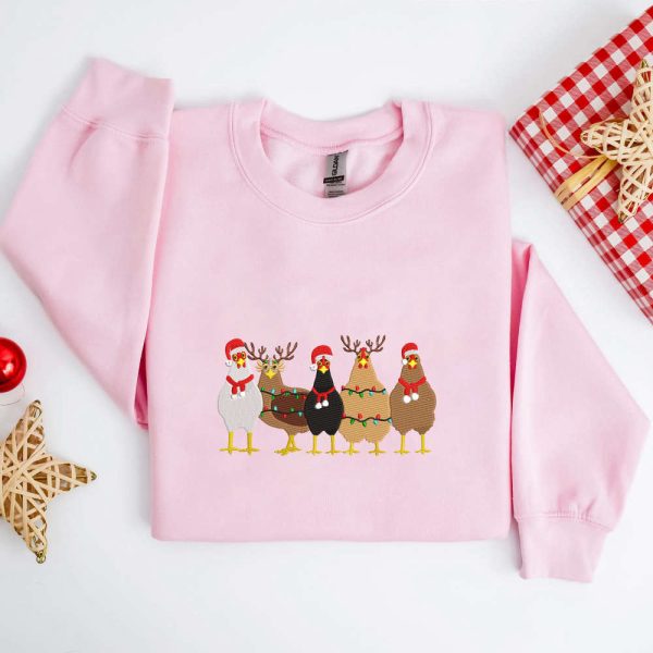 Embroidered Christmas Chickens Sweatshirt, Christmas Embroidery Sweatshirt For Family