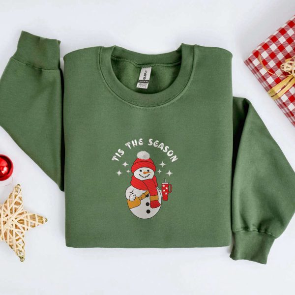 Embroidery Cute Snowman Sweatshirt, Christmas Embroidery Sweatshirt, For Family