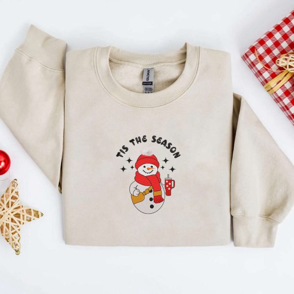 Embroidery Cute Snowman Sweatshirt, Christmas Embroidery Sweatshirt, For Family