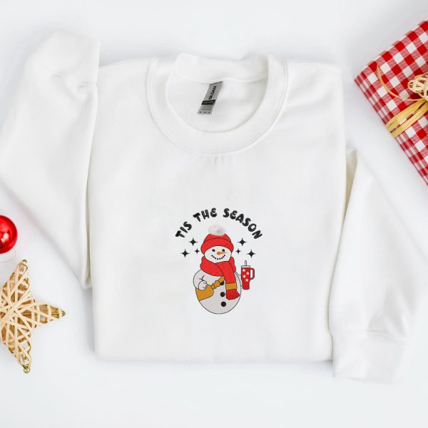 Embroidery Cute Snowman Sweatshirt, Christmas Embroidery Sweatshirt, For Family