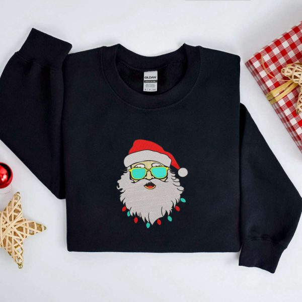 Embroidered Retro Santa Sweatshirt, Santa with Sunglasses Sweatshirt For Family