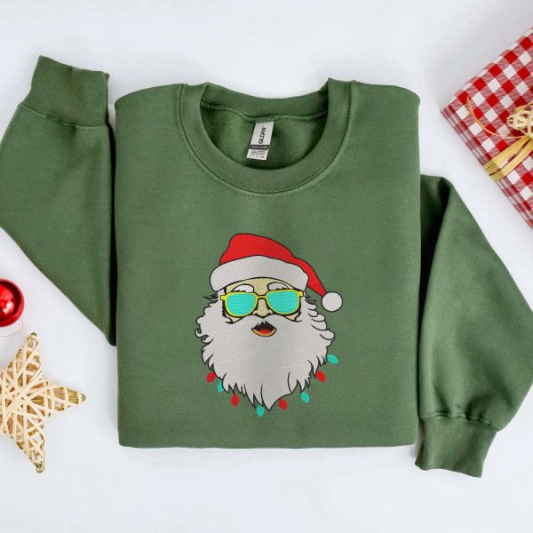 Embroidered Retro Santa Sweatshirt, Santa with Sunglasses Sweatshirt For Family