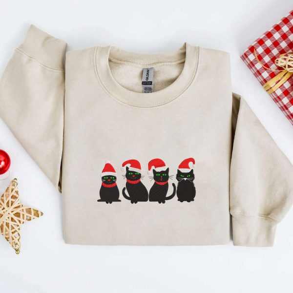 Embroidered Christmas Cats Sweatshirt, Christmas Sweatshirt For Cat Lover