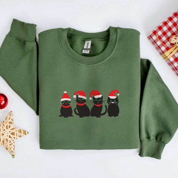 Embroidered Christmas Cats Sweatshirt, Christmas Sweatshirt For Cat Lover