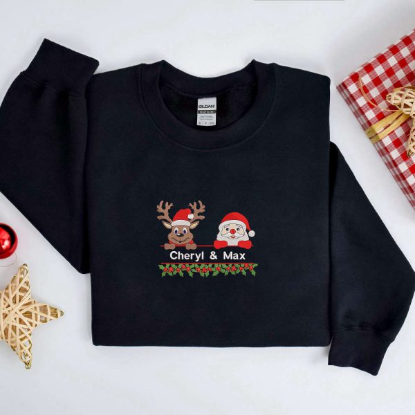 Custom Name Christmas Santa And Deer Embroidered Sweatshirt, Gift For Christmas