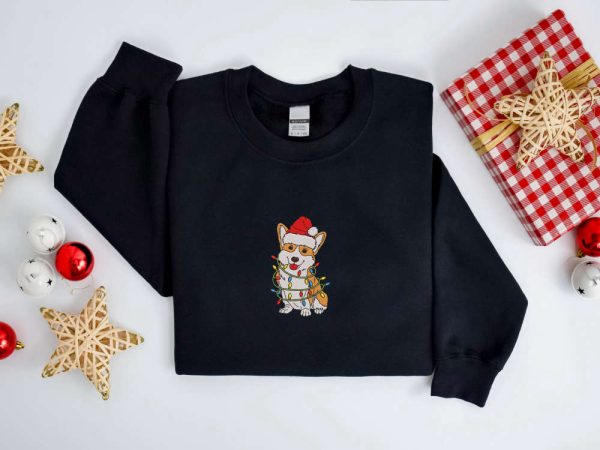 Embroidered Christmas Dog Sweatshirt, Corgi Christmas Sweatshirt For Christmas