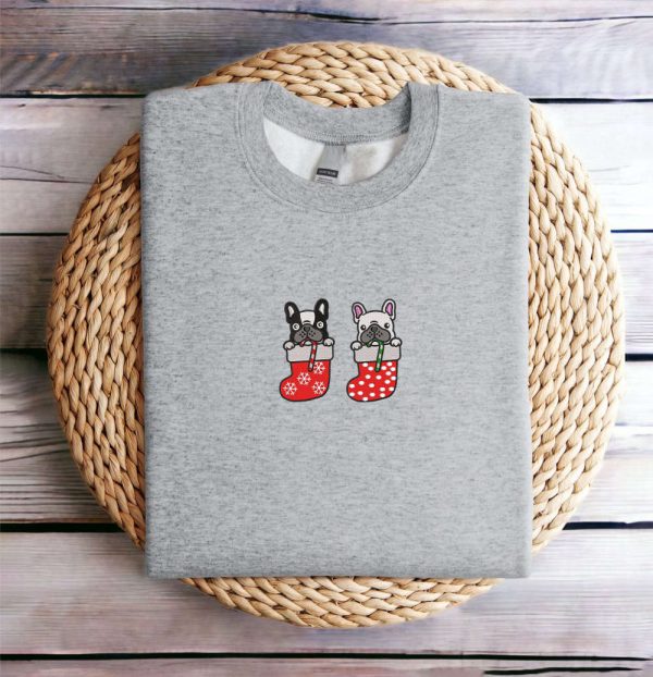 Embroidered Christmas Dog Sweatshirt, French Bulldog Christmas Sweatshirt For Family