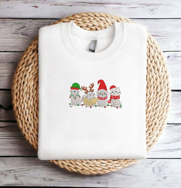 Embroidered Christmas Cat Sweatshirt, Meowy Santa Christmas Sweatshirt For Christmas