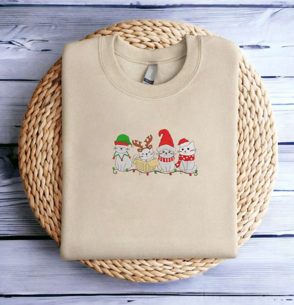 Embroidered Christmas Cat Sweatshirt, Meowy Santa Christmas Sweatshirt For Christmas