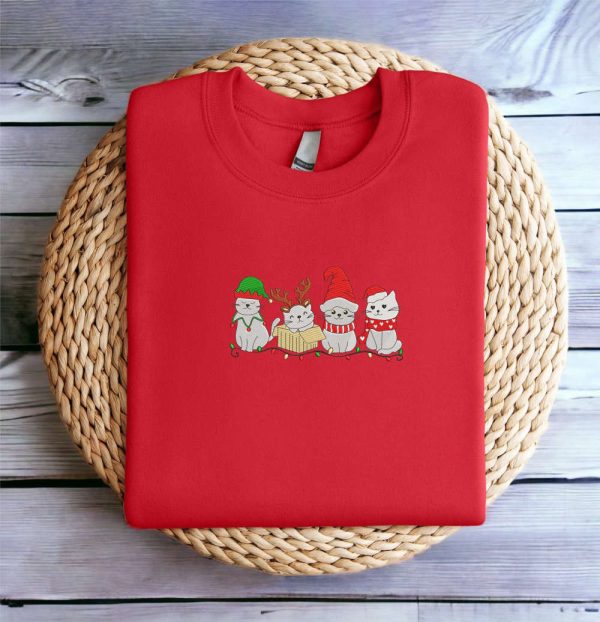 Embroidered Christmas Cat Sweatshirt, Meowy Santa Christmas Sweatshirt For Christmas