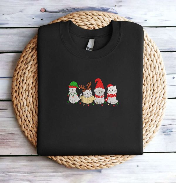 Embroidered Christmas Cat Sweatshirt, Meowy Santa Christmas Sweatshirt For Christmas