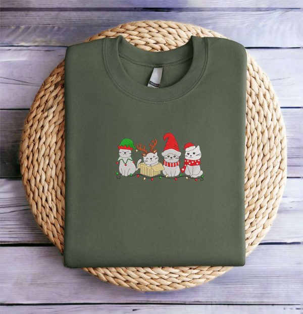 Embroidered Christmas Cat Sweatshirt, Meowy Santa Christmas Sweatshirt For Christmas