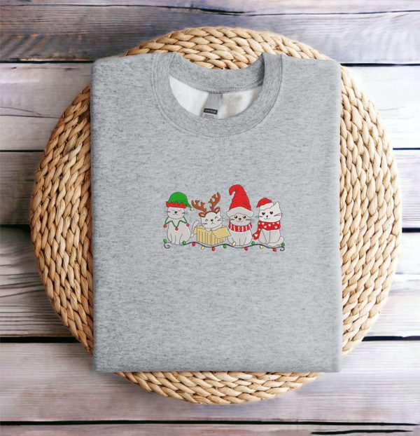 Embroidered Christmas Cat Sweatshirt, Meowy Santa Christmas Sweatshirt For Christmas