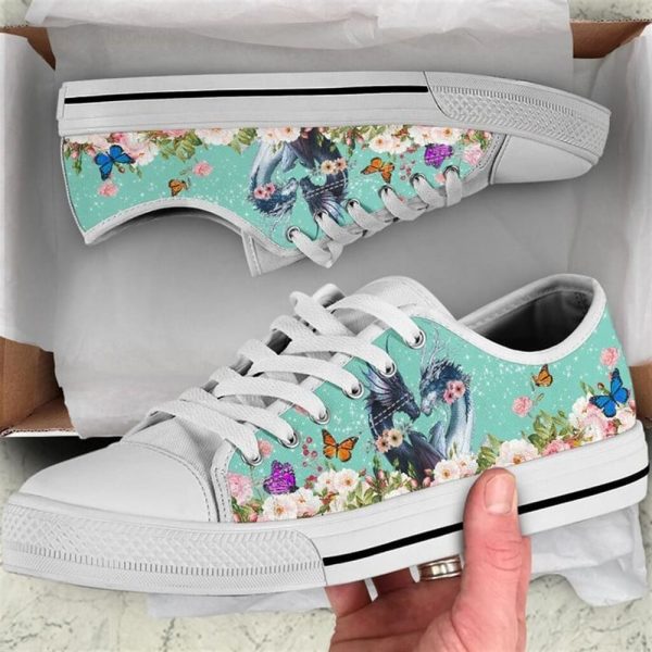 Cute Couple Dragon Love Flower Watercolor Low Top Shoes – Low Top Shoes Mens, Women