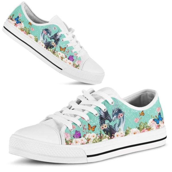 Cute Couple Dragon Love Flower Watercolor Low Top Shoes – Low Top Shoes Mens, Women