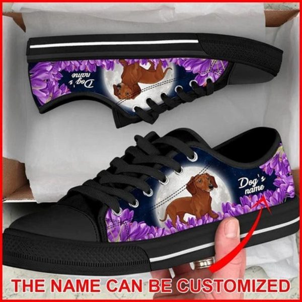 Dog’s name Dachshund Purple Flower Personalized Canvas Low Top Shoes – Low Top Shoes Mens, Women