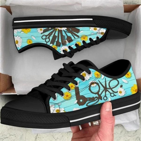 Hairstylist Daisy Flower Background Canvas Low Top Shoes – Low Top Shoes Mens, Women