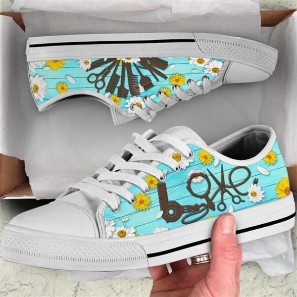 Hairstylist Daisy Flower Background Canvas Low Top Shoes – Low Top Shoes Mens, Women