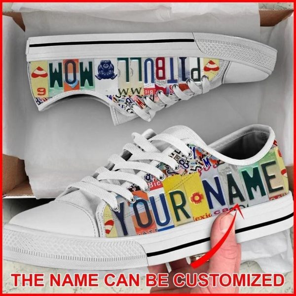 Pitbull Mom License Plates Personalized Canvas Low Top Shoes – Low Top Shoes Mens, Women
