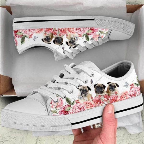 Pug Dog Flower Pink Butterfly Canvas Low Top Shoes – Low Top Shoes Mens, Women