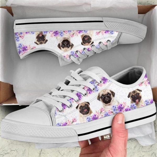 Pug Dog Purple Flower Canvas Low Top Shoes – Low Top Shoes Mens, Women