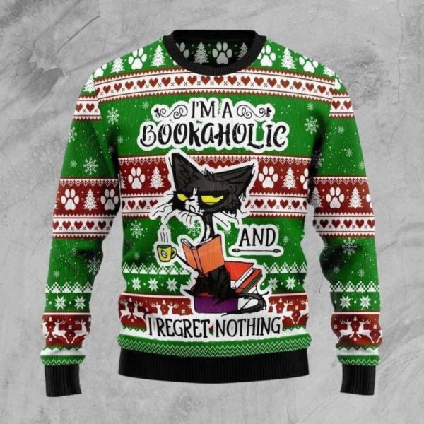 Angry Black Cat I’m A Bookaholic And I Regret Nothing Ugly Christmas Sweater
