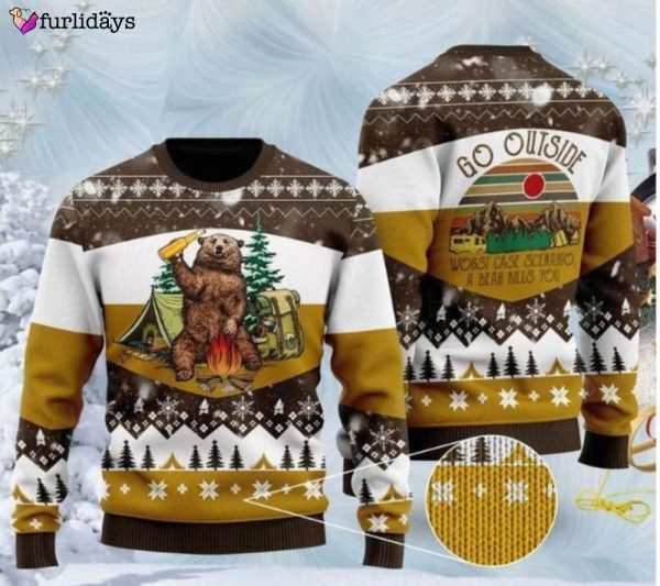 Bear Beer Campfire Yellow Wool Ugly Christmas Sweater, Xmas Sweater, Christmas Gift Sweatshirt, Gift Man/ Women/Kid