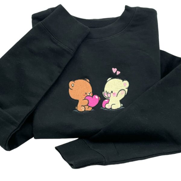 Bear Couple Valentines Embroidered Sweatshirt 2D Crewneck Sweatshirt  For Men And Women