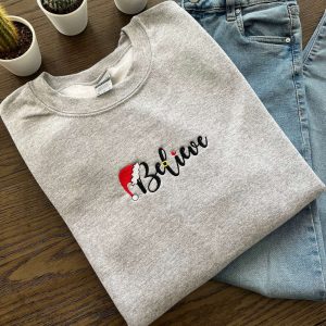 Believe Embroidered Sweatshirt, Merry Christmas Shirt,…