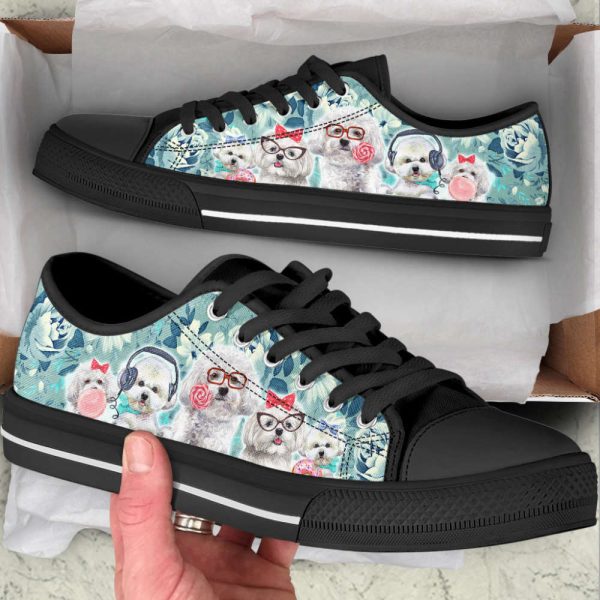 Bichon Dog Flowers Pattern Turquoise Low Top Shoes Canvas Sneakers