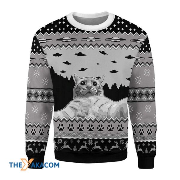 Black And White Pattern And Cat With UFO Gift For Ugly Christmas Sweater