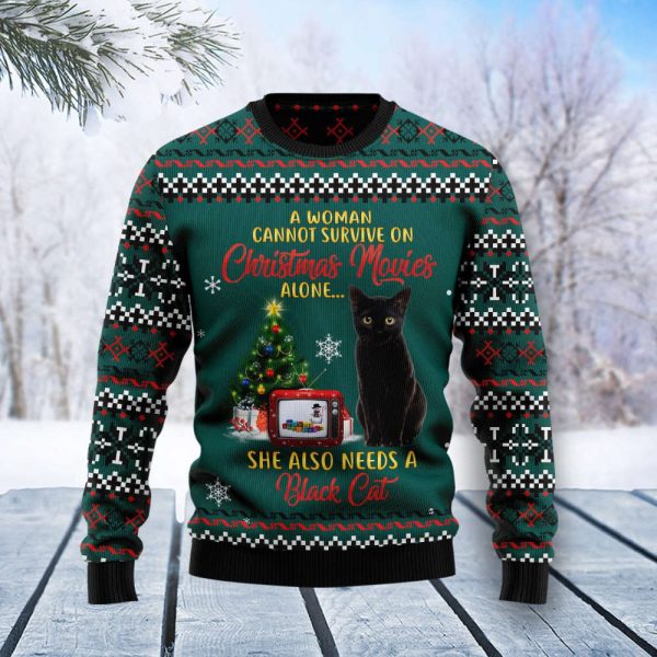 Black Cat Christmas Movie Ugly Christmas Sweater, Best Gift For Christmas 2023