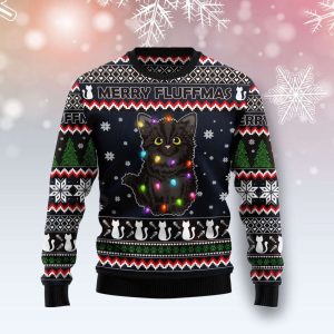 Black Cat Fluffmas Ugly Christmas Sweater,…