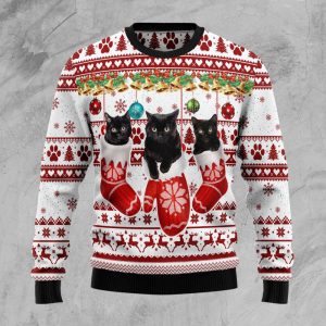 Black Cat Gloves Ugly Christmas Sweater,…